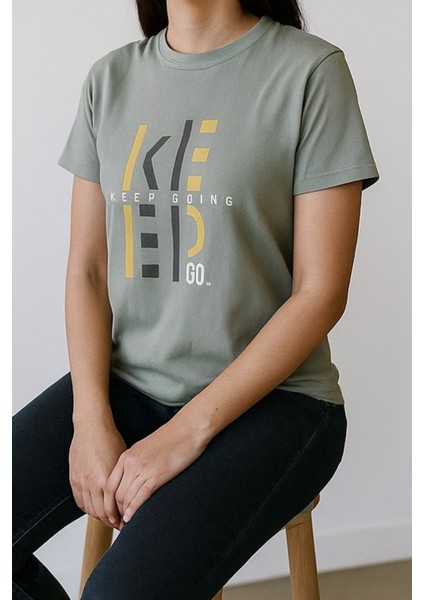 Unisex Haki Bisiklet Yaka Baskılı Tişört fiyatları