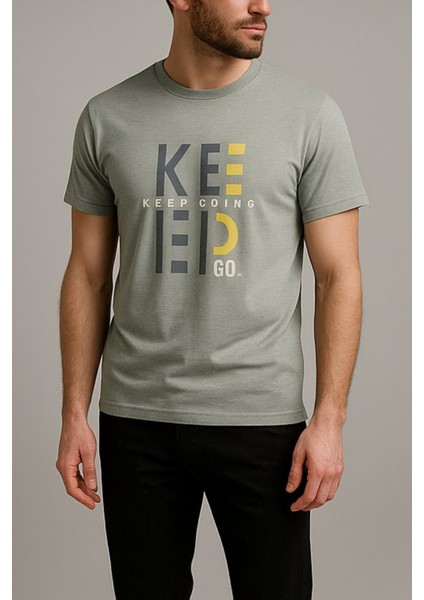 Unisex Haki Bisiklet Yaka Baskılı Tişört indirimleri