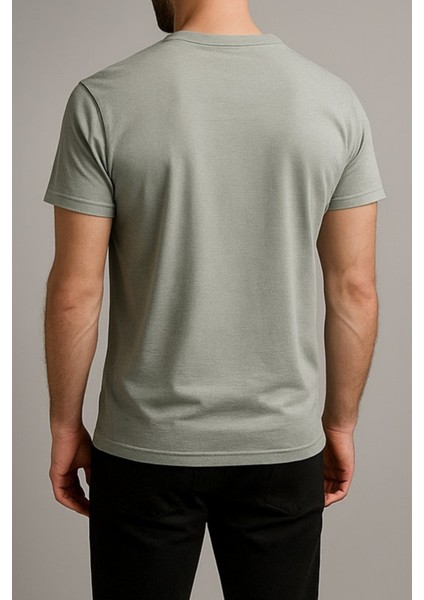 Unisex Haki Bisiklet Yaka Baskılı Tişört