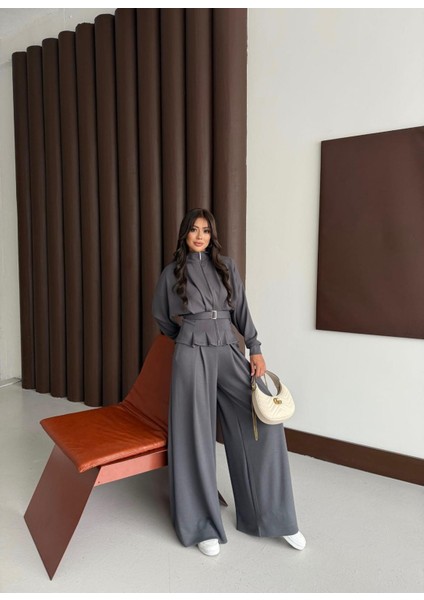 Buketli Kadın Ceket Eteği ve Pantolonu Pile Detaylı Kuşaklı Ikili Takım