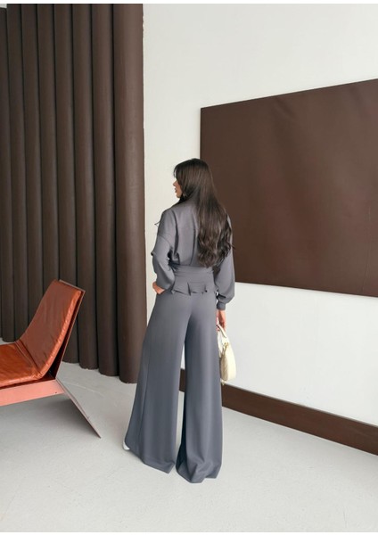 Buketli Kadın Ceket Eteği ve Pantolonu Pile Detaylı Kuşaklı Ikili Takım fırsatları