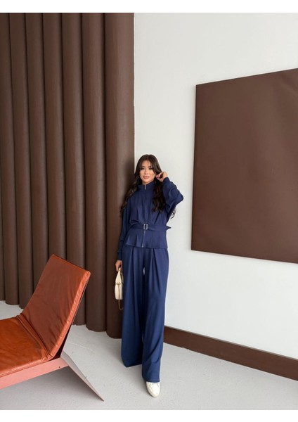 Buketli Kadın Ceket Eteği ve Pantolonu Pile Detaylı Kuşaklı Ikili Takım fiyatları