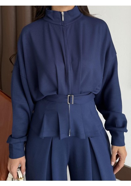 Buketli Kadın Ceket Eteği ve Pantolonu Pile Detaylı Kuşaklı Ikili Takım modelleri