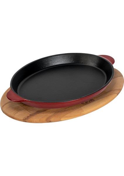 Döküm Oval Fajita Tabağı Döküm Demir Yekpare Çift Kulplu Kayın Servis Ahşabı Ölçü 18X24CM.-BORDO fiyatları