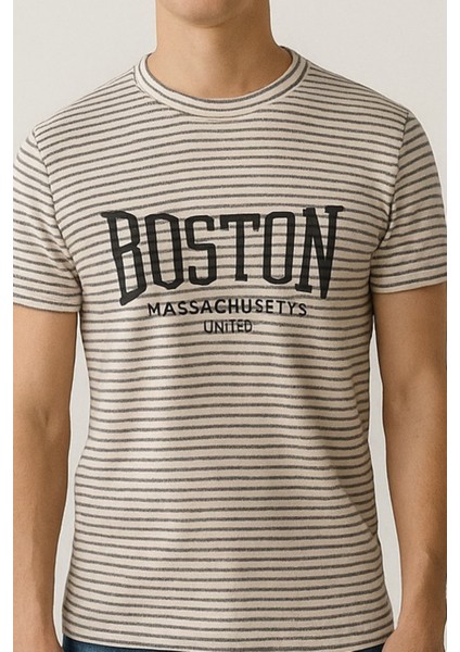 Unisex Çizgi Desenli Bisiklet Yaka Tişört