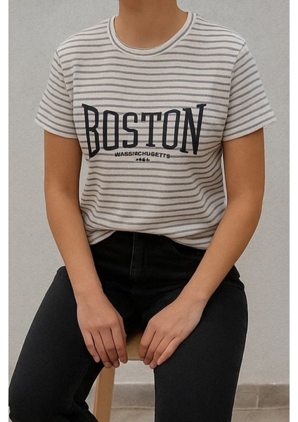 Unisex Çizgi Desenli Bisiklet Yaka Tişört fiyatları