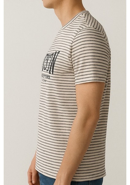 Unisex Çizgi Desenli Bisiklet Yaka Tişört indirimleri