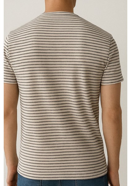 Unisex Çizgi Desenli Bisiklet Yaka Tişört