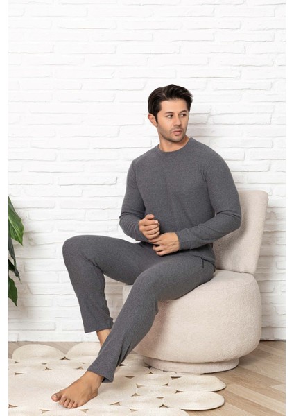 Erkek Guava Bisiklet Yaka Düğmesiz Kışlık Waffle Pamuklu Kumaş Uzun Manşetli Kol Cepli Pijama Takımı fırsatları