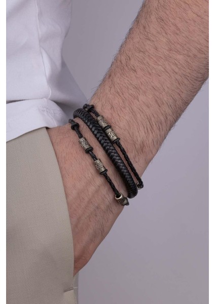 Figürlü Örgü Model Çift Sıra Erkek Deri Bileklik