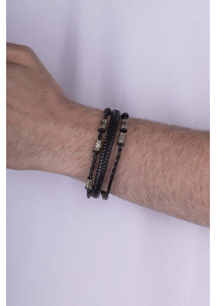 Figürlü Örgü Model Çift Sıra Erkek Deri Bileklik fiyatları