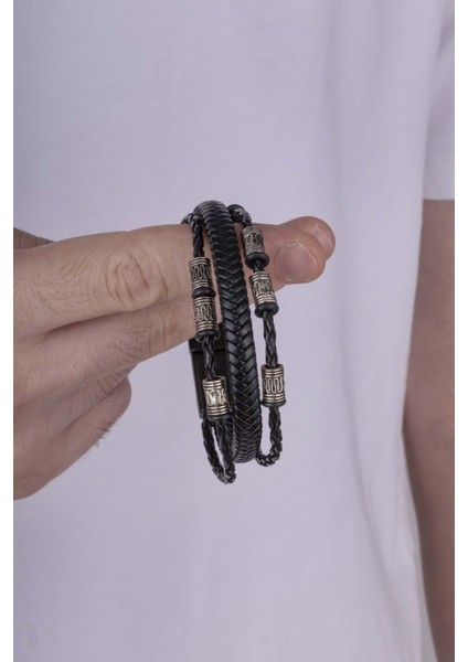 Figürlü Örgü Model Çift Sıra Erkek Deri Bileklik modelleri