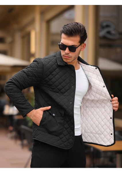 Erkek Çıtçıt Basic Kışlık Kürklü Siyah Kapitone Mont