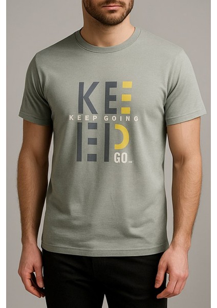 Unisex Haki Bisiklet Yaka Baskılı Tişört modelleri