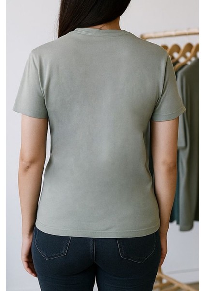 Unisex Haki Bisiklet Yaka Baskılı Tişört fırsatları