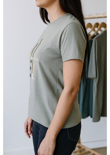 Unisex Haki Bisiklet Yaka Baskılı Tişört