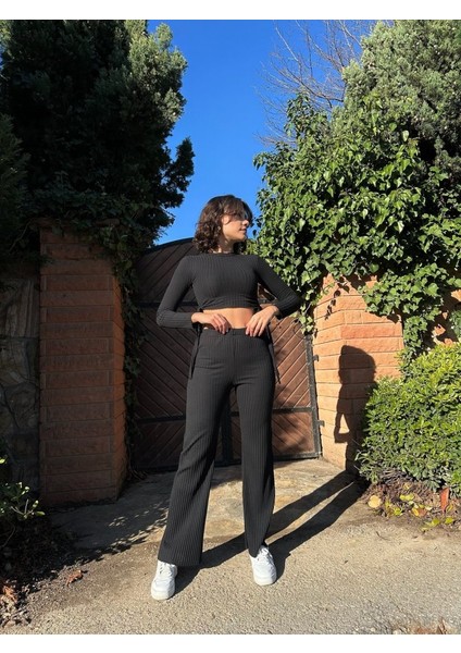 Kadın Yandan Bağlamalı Geniş Paçalı Fitil Kaşkorse Ikili Takım