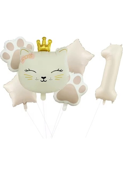 Krem Renk Pati Folyo Balon Taçlı Kedi Yaş Balon Set
