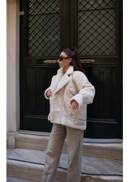 Cıt Cıt Detaylı Peluş Mont Ceket - Beyaz