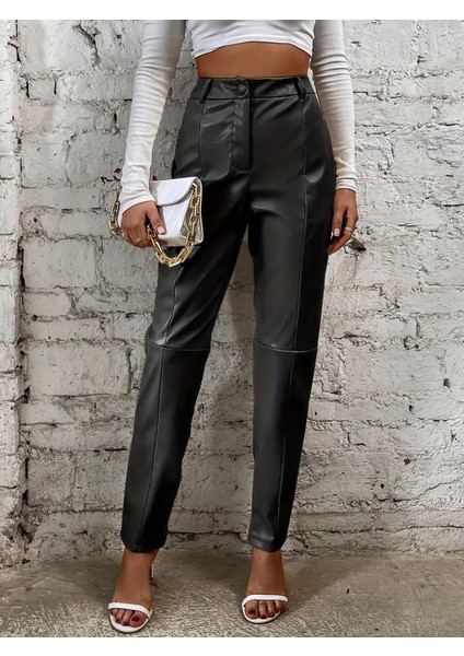 Kadın Yüksek Bel Önden Düğmeli Deri Pantolon