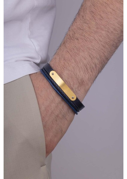 Altın Kaplama Çelik Aparatlı Lacivert Deri Erkek Bileklik