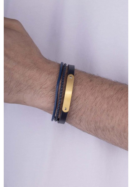 Altın Kaplama Çelik Aparatlı Lacivert Deri Erkek Bileklik fiyatları