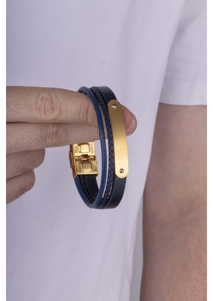 Altın Kaplama Çelik Aparatlı Lacivert Deri Erkek Bileklik modelleri