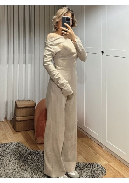 Kadın Uzun Kollu Omuzlardan Açık Asimetrik Kesim Kaşkorse Bluz ve Pantolon Ikili Pantolon modelleri