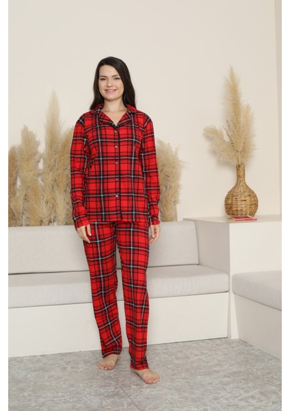 Kadın Pijama Takımı-Ekose Desenli - Pat Yakalı-Düğmeli 12285 fiyatları