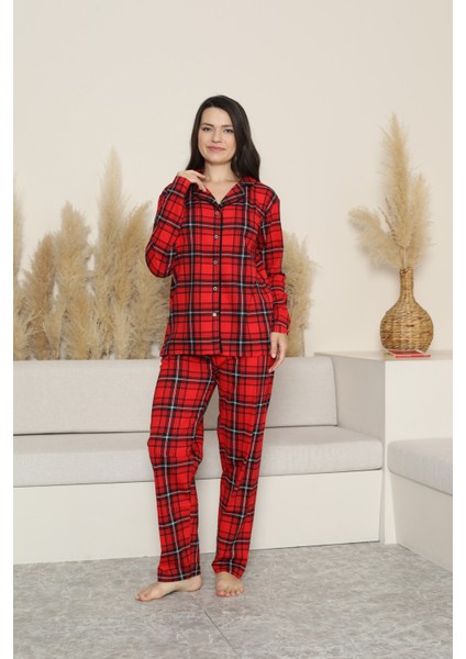 Kadın Pijama Takımı-Ekose Desenli - Pat Yakalı-Düğmeli 12285 modelleri