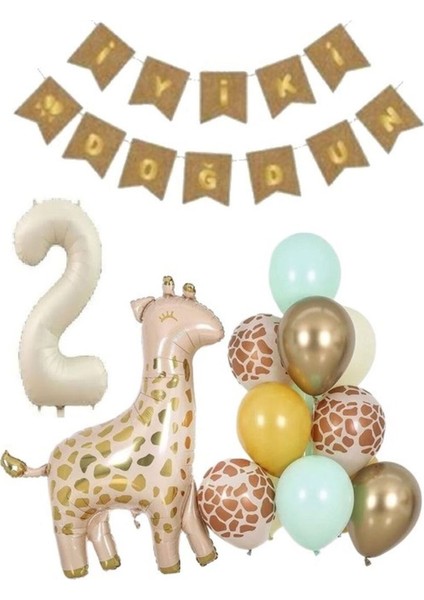 Krem Rakamlı Zürafa Folyolu Balon Set