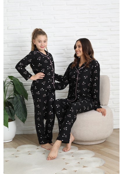 Anne-Kız Pat Yakalı ve Düğme Kapamalı Pijama Takımı 12288 modelleri