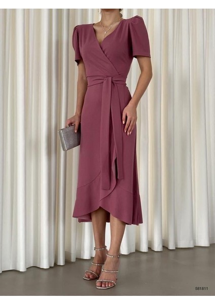 Kruvaze Yaka Kısa Kol Volanlı Kuşaklı Midi Boy Elbise Gül Kurusu 581811