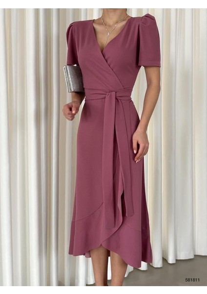Kruvaze Yaka Kısa Kol Volanlı Kuşaklı Midi Boy Elbise Gül Kurusu 581811 fiyatları