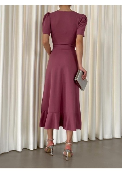 Kruvaze Yaka Kısa Kol Volanlı Kuşaklı Midi Boy Elbise Gül Kurusu 581811 modelleri