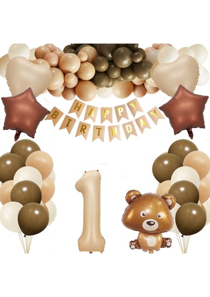 Kahverengi Balonlarla Mutlu Yıllar Balon Seti, Ayı Folyo Balon