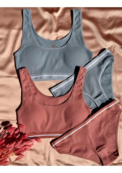 Soleya 2'li Kaşkorse Kumaş Pedli Sütyen ve Slip Külot Takımı 45A11 (Gül Kurusu ve Açık Mavi )