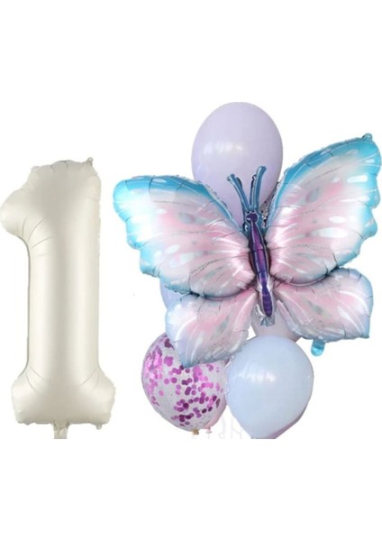 Krem Rakamlı Kelebek Folyo Balon Yaş Set