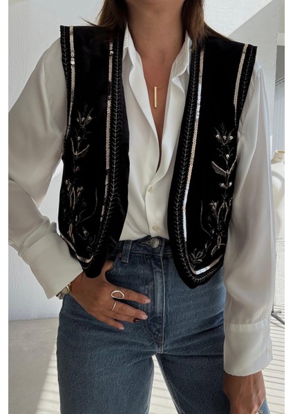 Keyymod Kadın Kadife Pul Payet Işlemeli Şık Modern Yelek