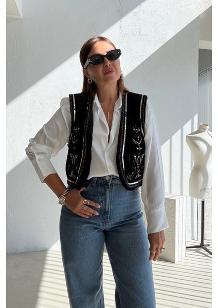 Keyymod Kadın Kadife Pul Payet Işlemeli Şık Modern Yelek indirimleri