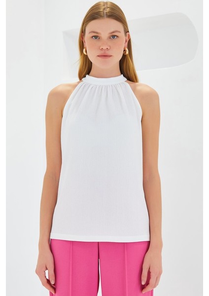 0489 Halter Yaka Örme Bluz - Beyaz