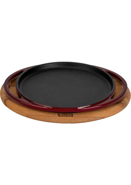 Döküm Yuvarlak Pizza Krep Pankek Tavası Döküm Demir Yekpare Çift Kulplu Kayın Servis Ahşabı ÇAP(Ø)20CM.-BORDO
