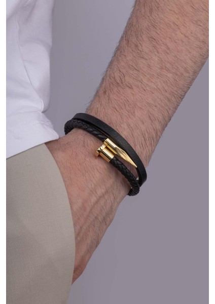 Altın Kaplama Çelik Aparatlı Iğne Model Erkek Deri Bileklik