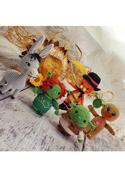 Shrek (Şrek) Fiona Eşek Çizmeli Kedi Kurabiye Adam Amigurumi Set Örgü Oyuncak