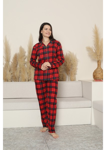 Kadın Pijama Takımı-Ekose Desenli - Pat Yakalı-Düğmeli 12283 fiyatları
