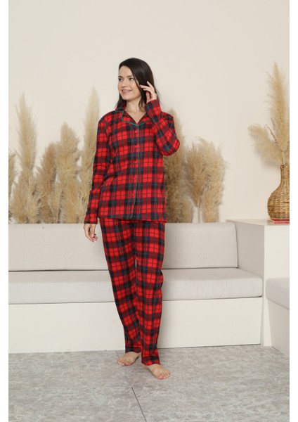 Kadın Pijama Takımı-Ekose Desenli - Pat Yakalı-Düğmeli 12283 modelleri