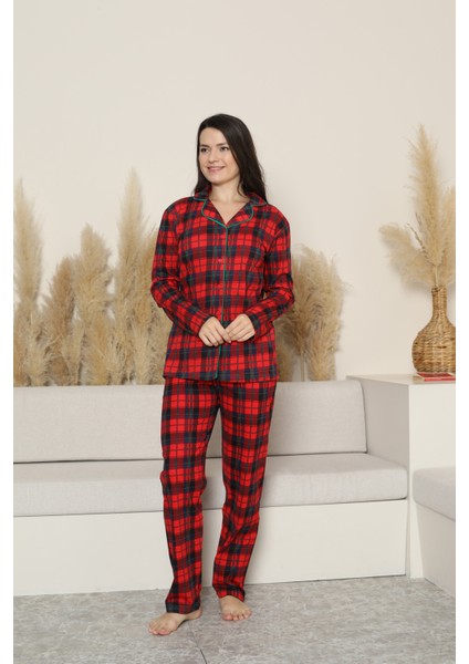 Kadın Pijama Takımı-Ekose Desenli - Pat Yakalı-Düğmeli 12283 fırsatları