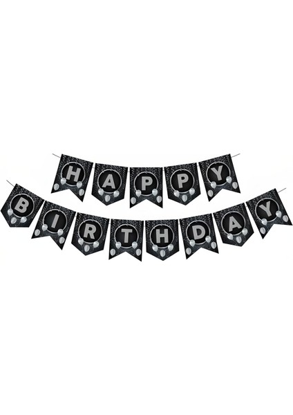 Mini Party Store Zikzak Banner Ofset Siyah Gümüş Happy Birthday