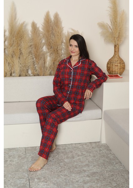 Kadın Pijama Takımı-Ekose Desenli - Pat Yakalı-Düğmeli 12284
