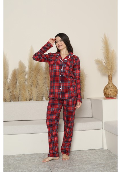 Kadın Pijama Takımı-Ekose Desenli - Pat Yakalı-Düğmeli 12284 fiyatları